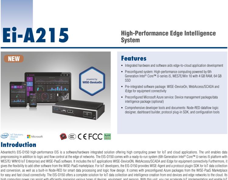 研華EI-A215 研華EI-A215，邊緣性計(jì)算系統(tǒng)，搭載Intel Core i5 6300U 處理器，4 GB內(nèi)存，64 GB 存儲(chǔ)，高性能邊緣智能設(shè)備，具備豐富擴(kuò)展接口 2 x LAN，4 x COM，6 x USB等，同時(shí)還可以擴(kuò)展 iDoor 或 ARK-Plus 模組增加更多的擴(kuò)展接口，搭配 5G 模塊。