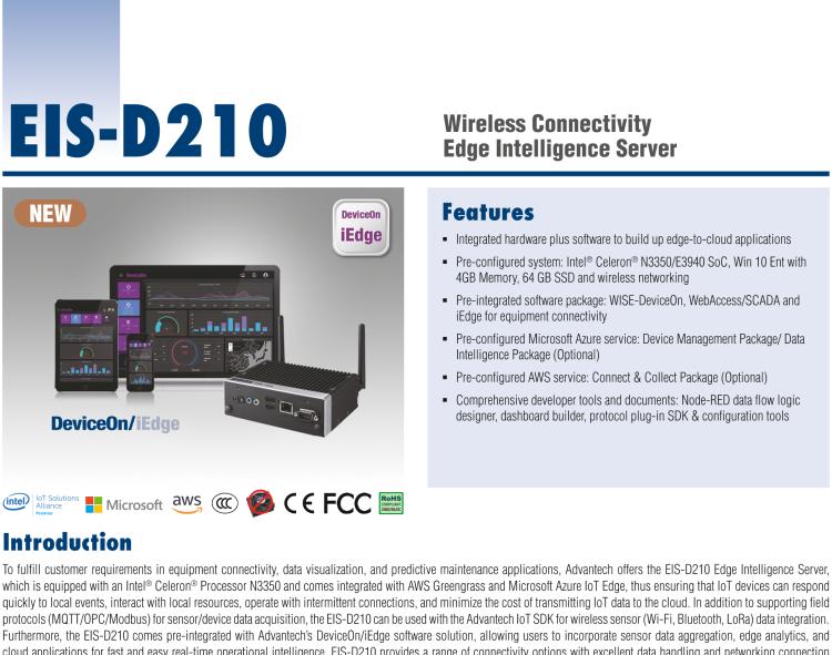 研華EIS-D210 研華EIS-D210，邊緣計算系統網關，Intel Celeron N3350 Dual Core SoC，最高支持 8 GB內存，低功耗邊緣智能設備，具備豐富擴展接口 2 x LAN，2 x COM，4 x USB，1 x VGA等，搭配 Wifi 或 4G 模塊，可以實現無線數據傳輸，體積非常小