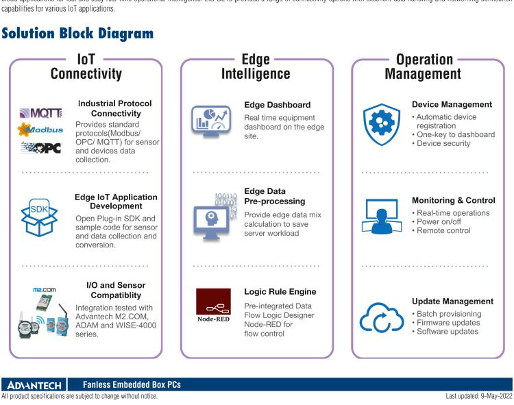 研華EIS-D210 研華EIS-D210，邊緣計算系統網關，Intel Celeron N3350 Dual Core SoC，最高支持 8 GB內存，低功耗邊緣智能設備，具備豐富擴展接口 2 x LAN，2 x COM，4 x USB，1 x VGA等，搭配 Wifi 或 4G 模塊，可以實現無線數據傳輸，體積非常小