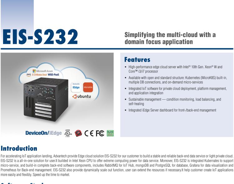 研華EIS-S232 研華 EIS-S232，邊緣計(jì)算系統(tǒng)服務(wù)器，支持Intel 第十代處理器，可選i3/i5/i7 Xeon CPU，DDR4 最高32GB，最多可支持4 x 2.5寸硬盤，具備豐富擴(kuò)展接口 2 x LAN，6 x COM，8 x USB，1 x PCIE，2 x PCI。產(chǎn)品生命周期長(zhǎng)，穩(wěn)定可靠。
