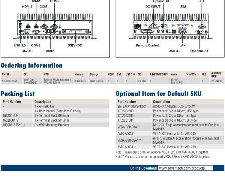 研華AIR-200 基于Intel Core i5-6442EQ處理器，AI計算平臺，內(nèi)置Myriad X VPU * 2
