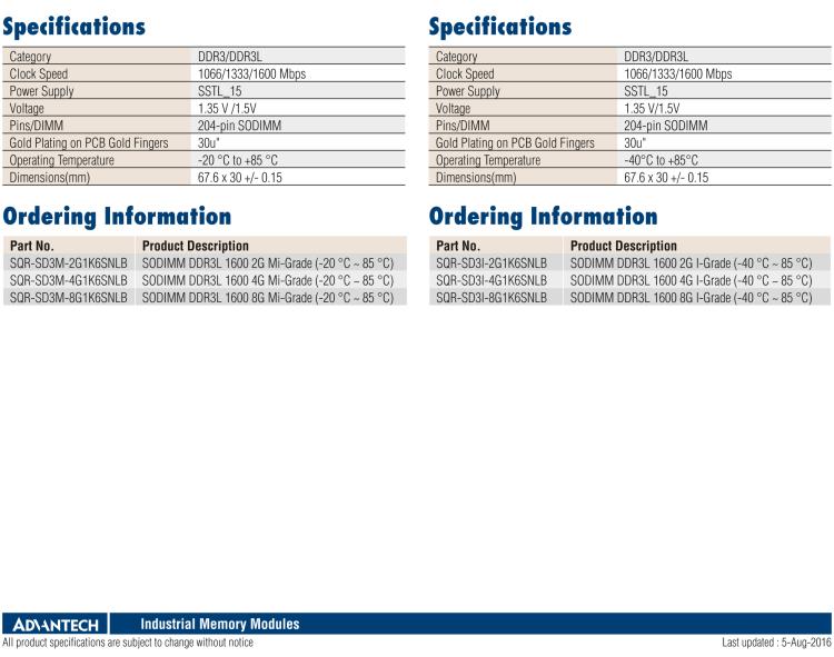 研華SQR-SD3M SODIMM DDR3L 1333/1600