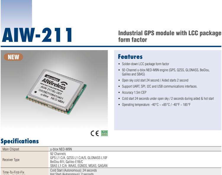 研華AIW-211 帶郵票型接口的工業級 GNSS（GPS、GLONASS、BeiDou、Galileo、QZSS和SBAS）模塊。