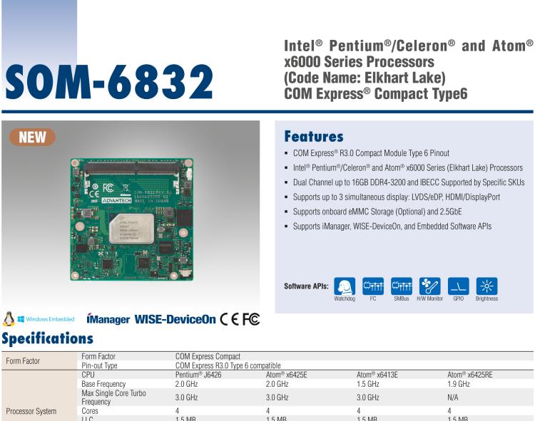 研華SOM-6832 Intel Pentium/Celeron 及 Atom x6000系列（Elkhart Lake）處理器，COM Express? Compact Type 6 模塊