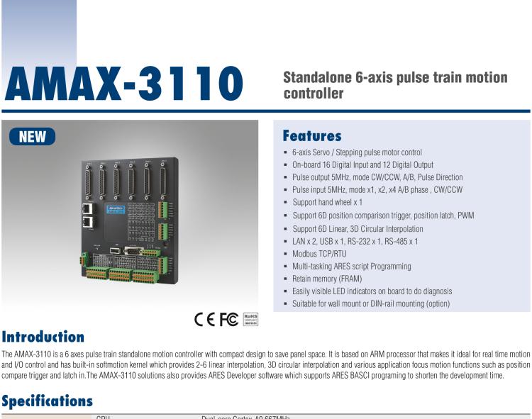 研華AMAX-3110 AMAX-3110是一個6軸脈沖序列獨立式運動控制器，一體化精巧的設計，節省空間