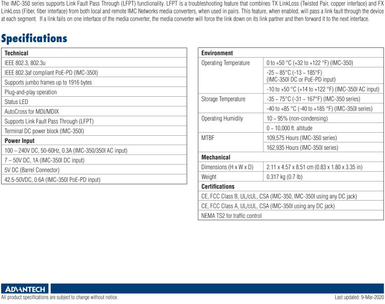 研華IMC-350-SFP-PS-A 緊湊型光電轉(zhuǎn)換器，100Base-TX/FX，SFP，AC適配器（也被稱為BB-855-10619）