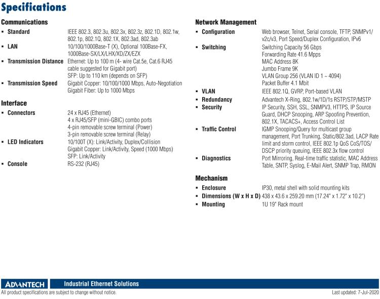 研華EKI-7428G-4CPI 24GE+4G Combo網(wǎng)管型PoE工業(yè)以太網(wǎng)交換機(jī)，IEEE802.3af/at，19”機(jī)架式安裝，-40~75℃，46~57VDC