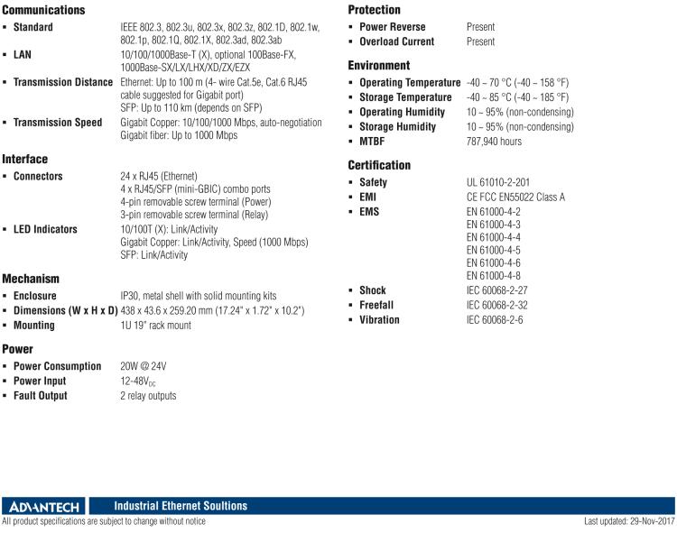 研華EKI-2428G-4CI 24GE+4G組合非托管以太網(wǎng)交換機(jī)，19“機(jī)架式，-40~75℃