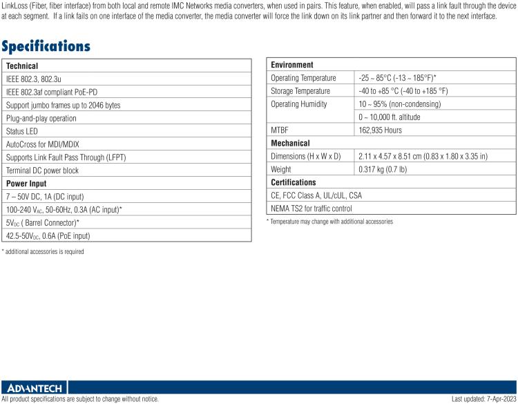 研華IMC-350I-MM-A 緊湊型光電轉換器，支持寬溫，100Base-TX/FX，多模1300nm，LFPT，5km，SC type
