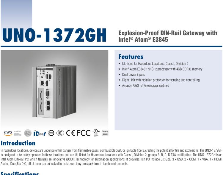 研華UNO-1372GH 通過Class I,Division 2認證的導軌安裝工業控制器,搭配英特爾?凌動?四核處理器