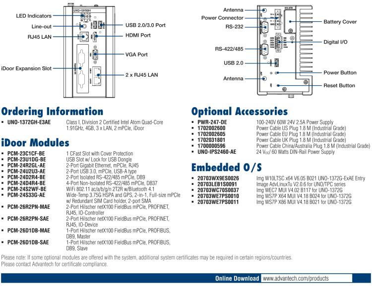 研華UNO-1372GH 通過Class I,Division 2認證的導軌安裝工業控制器,搭配英特爾?凌動?四核處理器