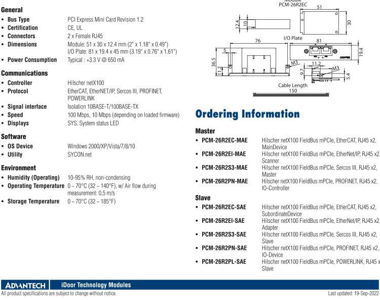 研華PCM-26R2PL 2端口 Hilscher netX100 現場總線 mPCIe, POWERLINK, RJ45