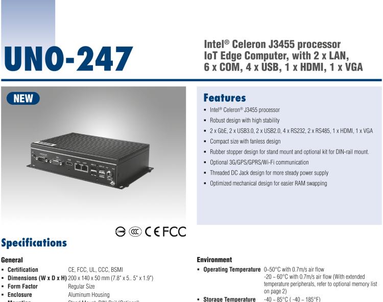 研華UNO-247 搭載 Intel? Celeron? J3455 的物聯網邊緣計算平臺