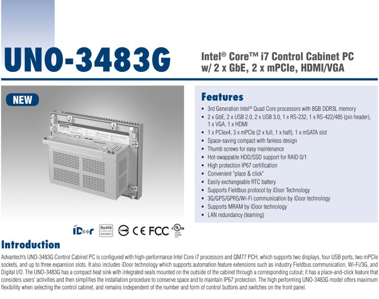 研華UNO-3483G 高效能嵌入式無風扇工業(yè)電腦，搭配 Intel? Core? i7 處理器，2 x GbE, 2 x mPCIe, HDMI/VGA