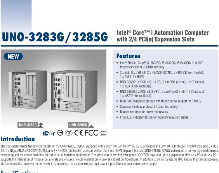 研華UNO-3285G 高效能嵌入式無(wú)風(fēng)扇工業(yè)電腦，搭配Intel? Core? i 處理器，4×PCI(e) 擴(kuò)展槽, 2×GbE, 2×mPCIe, HDMI, DVI-I