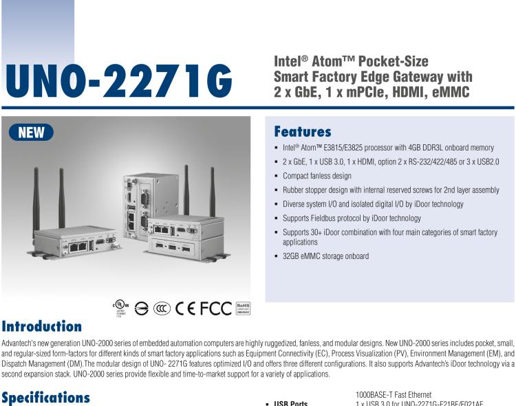 研華UNO-2271G 小型智慧工廠數據網關，搭載Intel? Atom?處理器，2 x GbE, 1 x mPCIe, HDMI, eMMC
