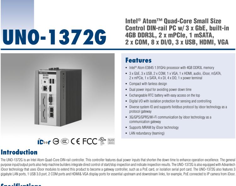 研華UNO-1372G 小型導軌安裝工業控制器,搭配英特爾?凌動? 四核處理器及4GB DDR3L內存,2×mPCIe,1×mSATA,2×COM,8×DI/O,3×USB,1×HDMI,1×VGA