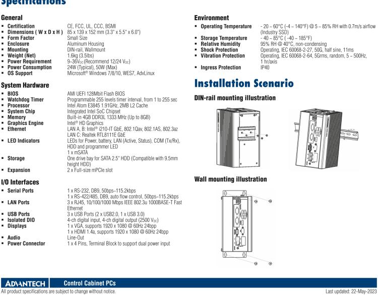 研華UNO-1372G 小型導軌安裝工業控制器,搭配英特爾?凌動? 四核處理器及4GB DDR3L內存,2×mPCIe,1×mSATA,2×COM,8×DI/O,3×USB,1×HDMI,1×VGA