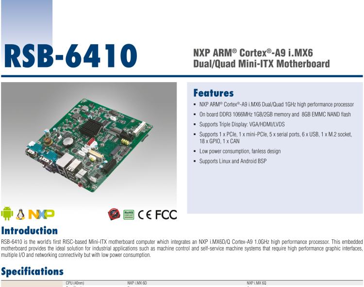 研華RSB-6410 基于NXP ARM Cortex-A9 i.MX6 Dual/Quad 的Mini-ITX工業主板， 支持Linux Yocto/Android