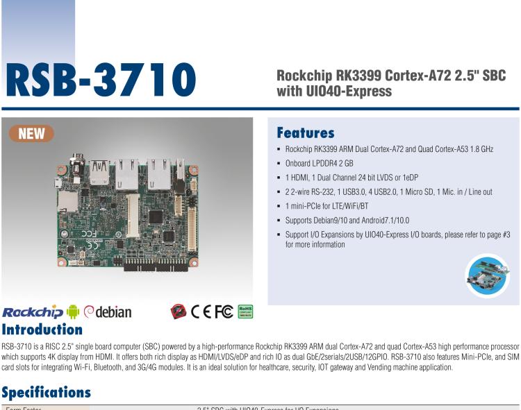 研華RSB-3710 Rockchip RK3399 Cortex-A72 2.5" 單板電腦，帶 UIO40-Express擴展