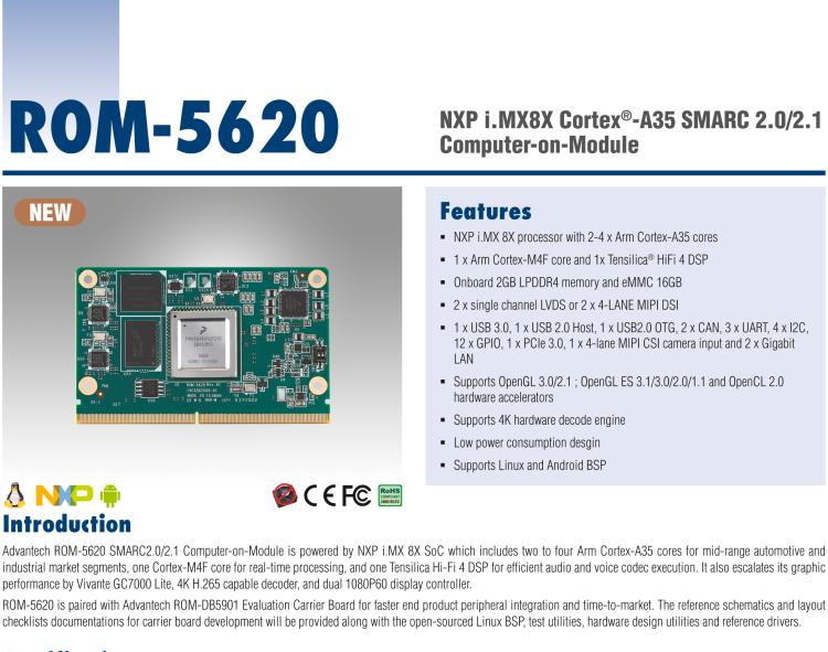 研華ROM-5620 基于NXP i.MX8X SMARC2.0 Arm核心板，多接口，低功耗設(shè)計