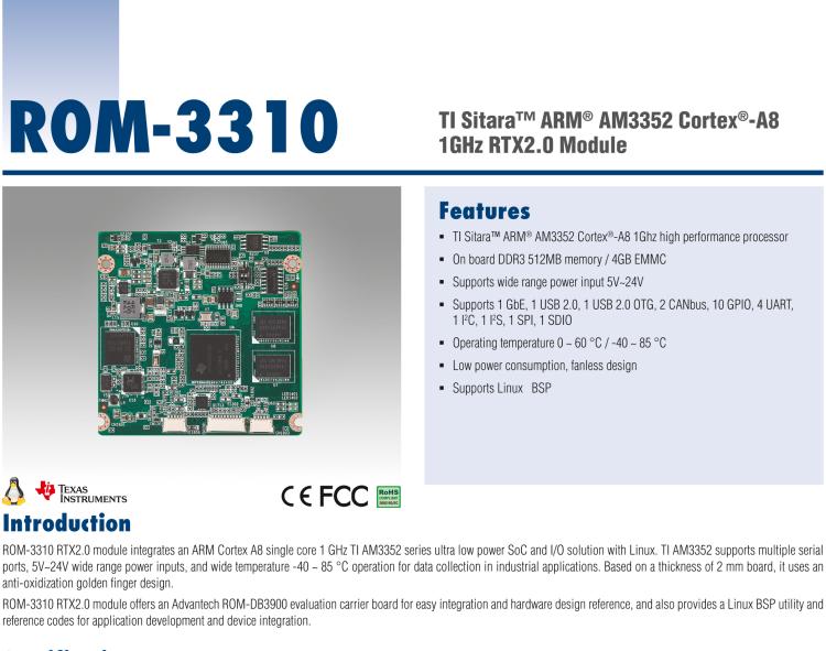 研華ROM-3310 基于TI AM3352 Cortex A8 1GHz RTX 2.0 的標(biāo)準(zhǔn)核心板，適用于寬溫抗震等工業(yè)自動(dòng)化領(lǐng)域