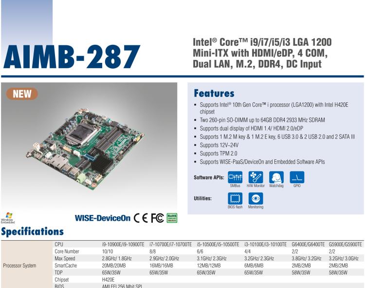 研華AIMB-287 適配Intel? 第10代 Core? i 系列處理器，搭載H420E芯片組。超薄設(shè)計(jì)，性能強(qiáng)勁。