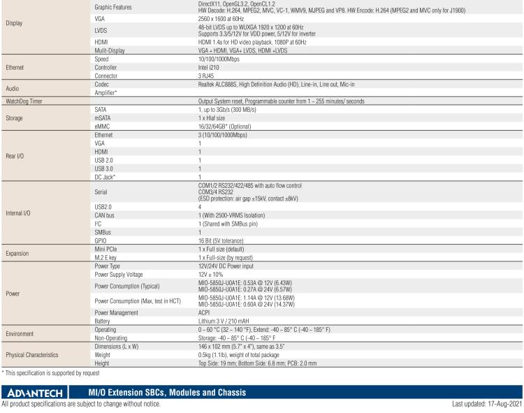 研華MIO-5850 Intel賽揚J1900和Atom?E3825 / E3845,3.5“MI / O-Compact SBC，板載DDR3L，3GbE，iManager 3.0,16位GPIO，CANBUS，板載eMMC，12V / 24V電源輸入