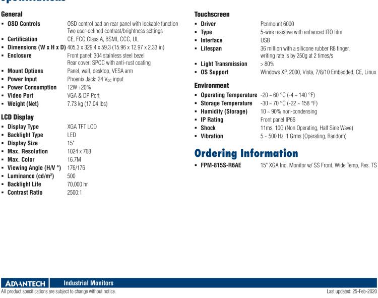 研華FPM-815S 15“英寸工業顯示器與電阻觸摸控制，直接VGA, DP端口，和304不銹鋼前面板