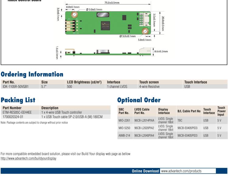 研華IDK-1105 5.7" VGA 工業顯示套件，帶觸摸屏解決方案和 LVDS 接口