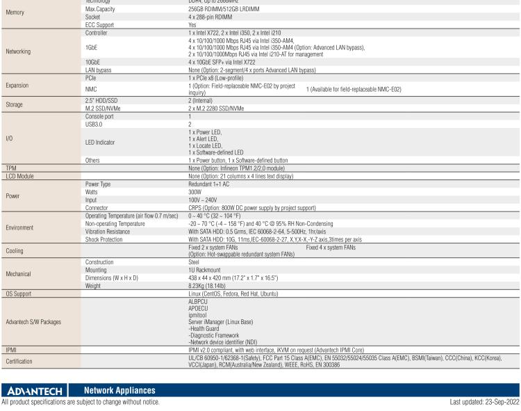 研華FWA-3050 基于Intel?Xeon D-2100系列處理器，用于uCPE和下一代防火墻的遠程可管理1U網絡應用平臺