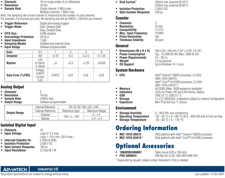 研華MIC-1816 具有Core?i3 /Celeron?處理器的16位，1 MS / s，16通道DAQ平臺