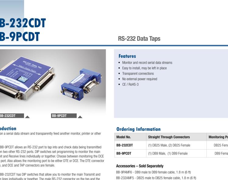 研華BB-232CDT 串口數據監聽器，RS-232，DB25 公頭至DB25 母頭加DB25 母頭監視器